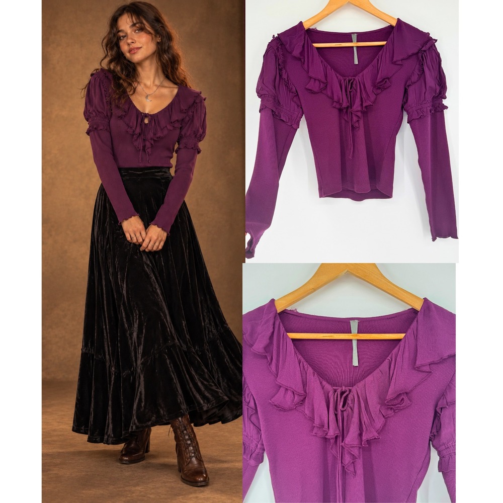 Anthropologie Ruffle Ribbed Top S Purple Long Sleeve Cotton Whimsigoth Fairycore